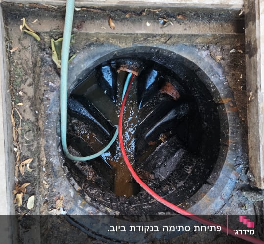 פתח ביוב עם צינורות ירוק ואדום